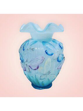 Vtg Fenton Blue Topaz 3D Raised Dragonfly Art Glass Vase Hand Painted Signed EUC